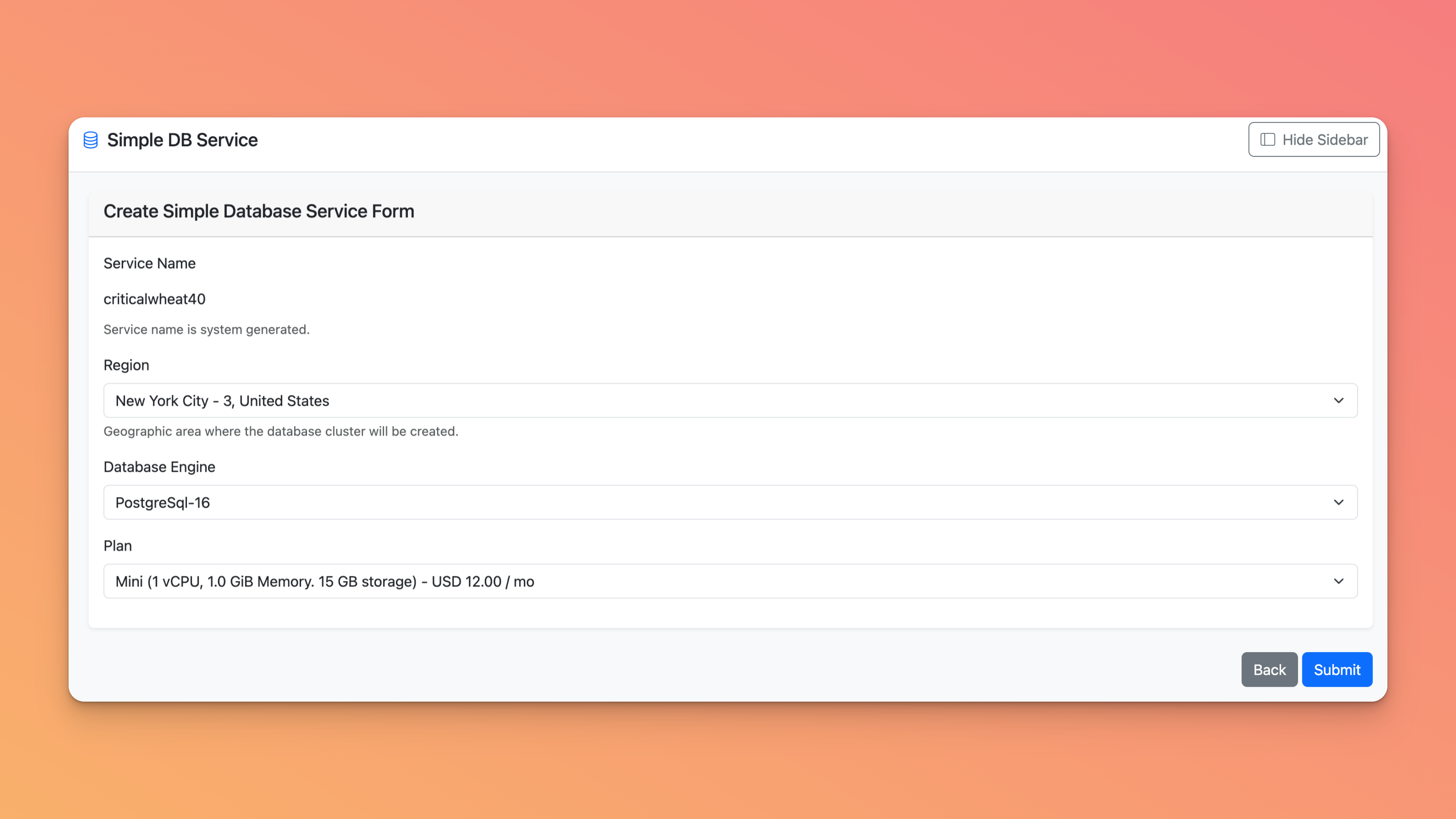 Create Simple Database Service Form