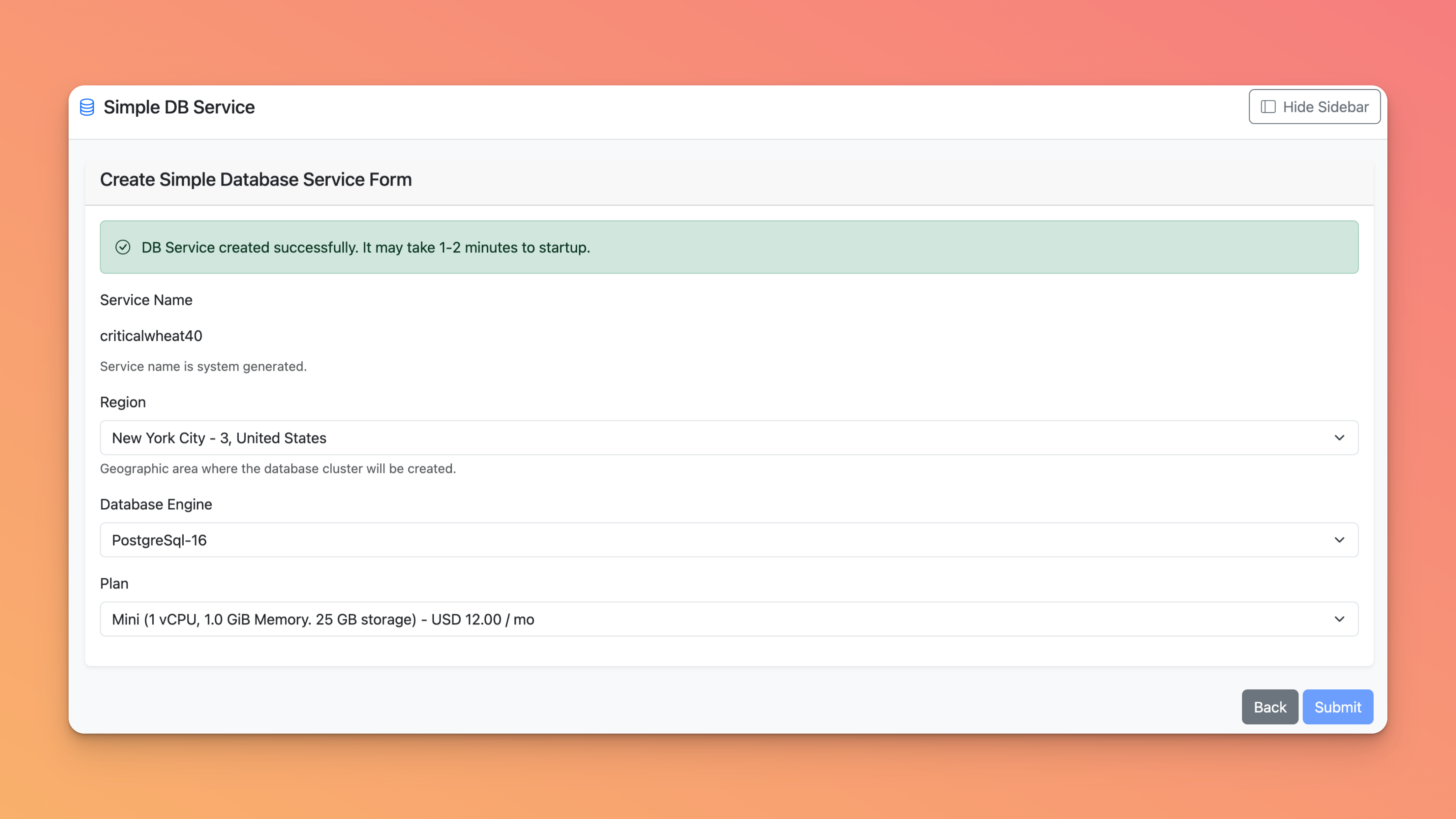 Create Simple Database Service Success